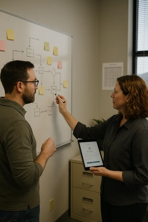IT consultant and office manager review a whiteboard incident runbook and access workflow while planning remediation.