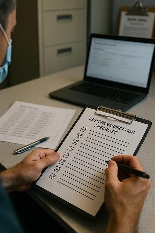 Close-up of a technician checking a restore verification checklist and printed restore logs during backup validation.