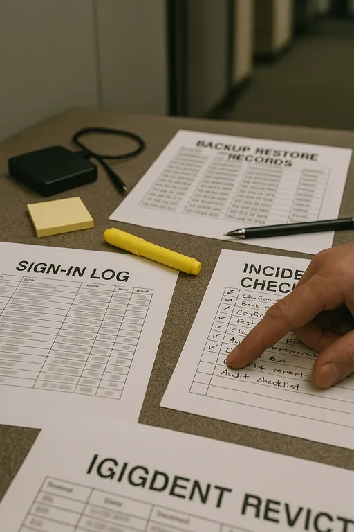 Printed sign-in logs, backup restore records, and a handwritten checklist on a table being reviewed during an outage investigation.