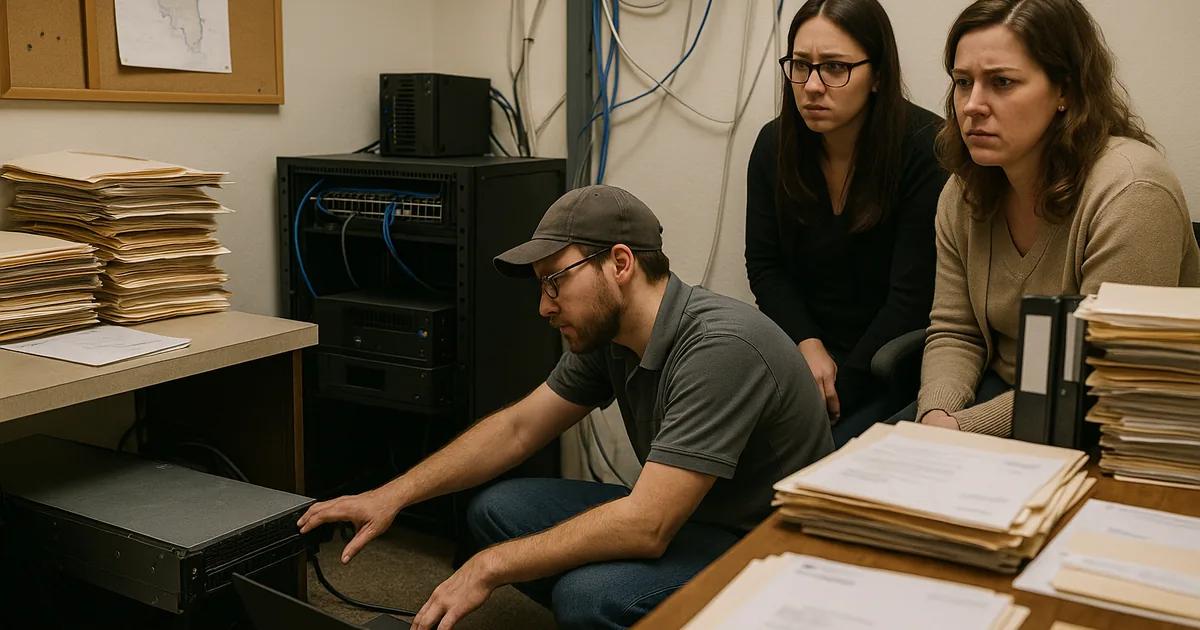 An on-site technician works through a legacy server outage in a small law firm, illustrating the real operational disruption behind downtime.