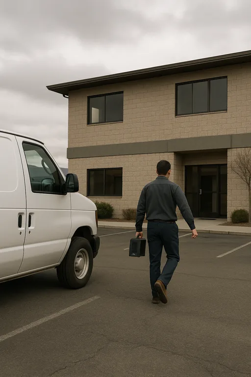 Service van and technician arriving at an older office building in the Sparks corridor, showing local response and hardware replacement logistics.