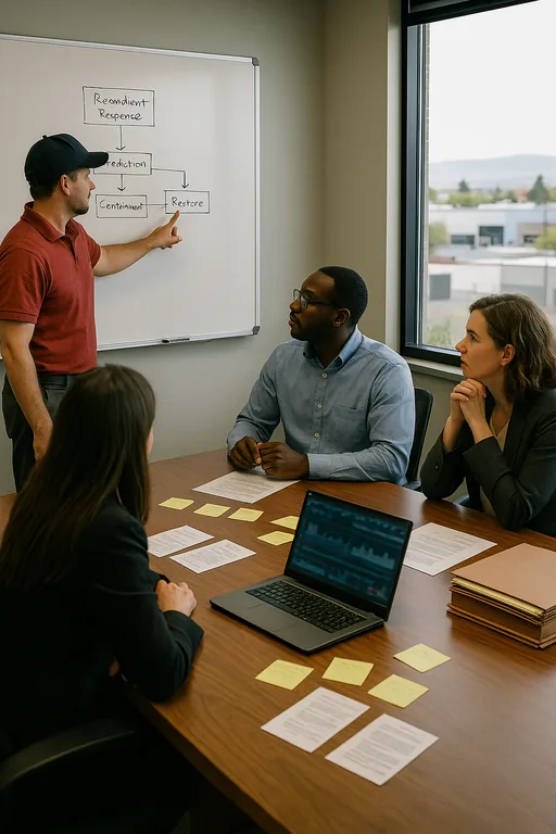 Team huddled around a whiteboard and runbooks mapping incident response and restore testing steps in a law firm conference room.