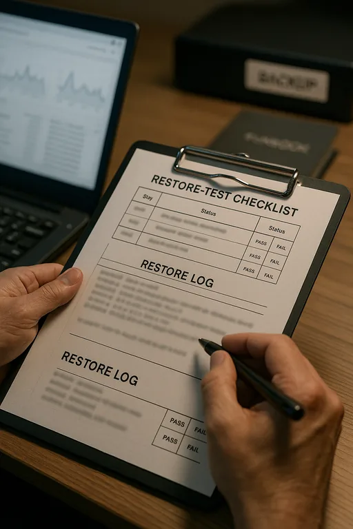 Technician reviewing a blurred restore-test checklist and restore log next to a laptop, illustrating backup validation and documented testing.