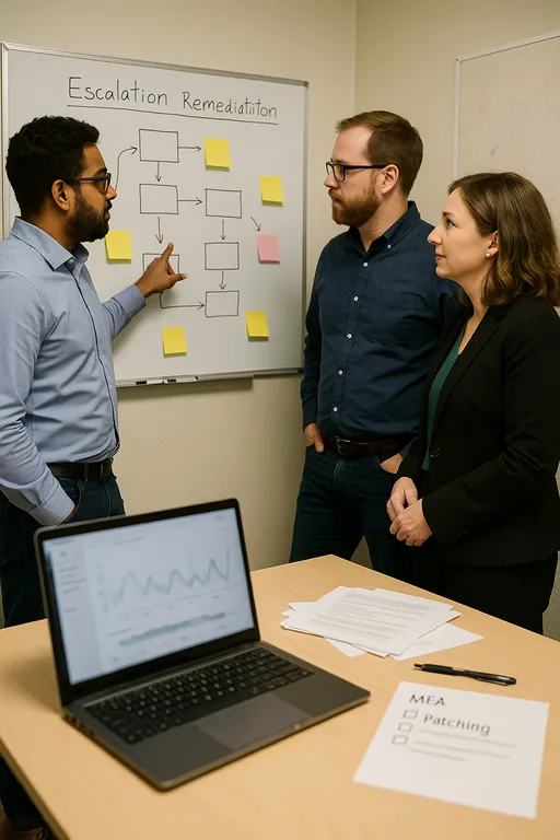 IT consultants and a law firm manager reviewing a non-readable escalation and remediation workflow on a whiteboard in a Reno-area office.