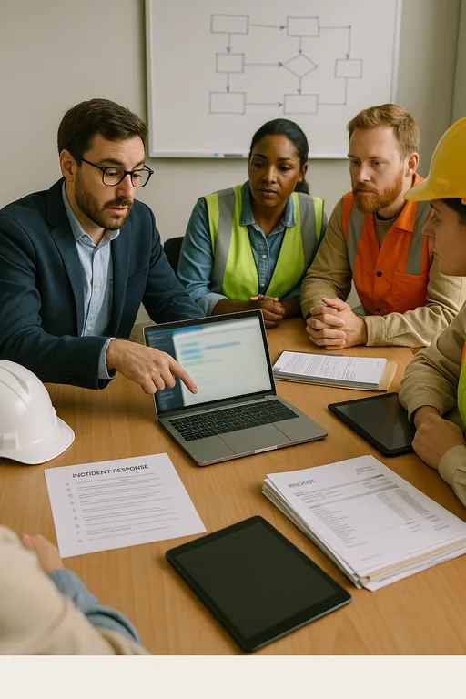 IT consultant running a tabletop identity-control review with construction office staff, with a checklist, laptop, and whiteboard flowchart.