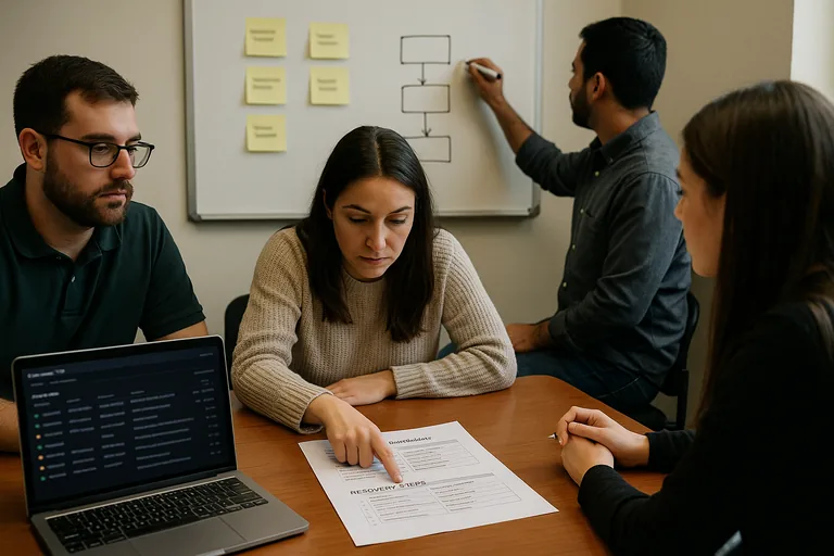 Small team in a conference room reviewing a printed runbook and mapping recovery steps on a whiteboard during an incident-response tabletop.
