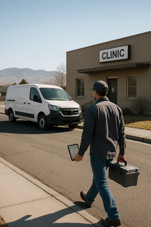 A service technician carrying a toolbox and tablet arrives at a small medical clinic in Northern Nevada with an unbranded service van parked outside.
