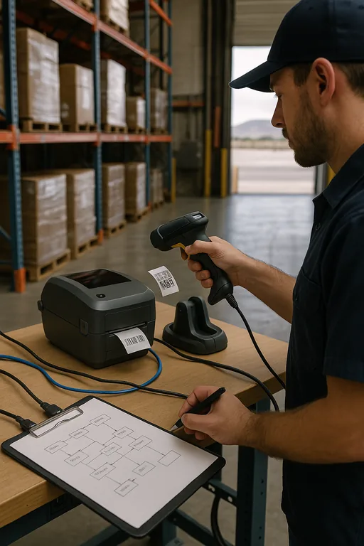 Field technician setting up a barcode scanner and label printer at a warehouse workstation with a clipboard and dependency sketch nearby.