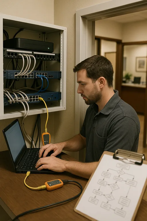 Technician at a medical office network cabinet with a laptop connected to a firewall and labeled cables, following a printed runbook.