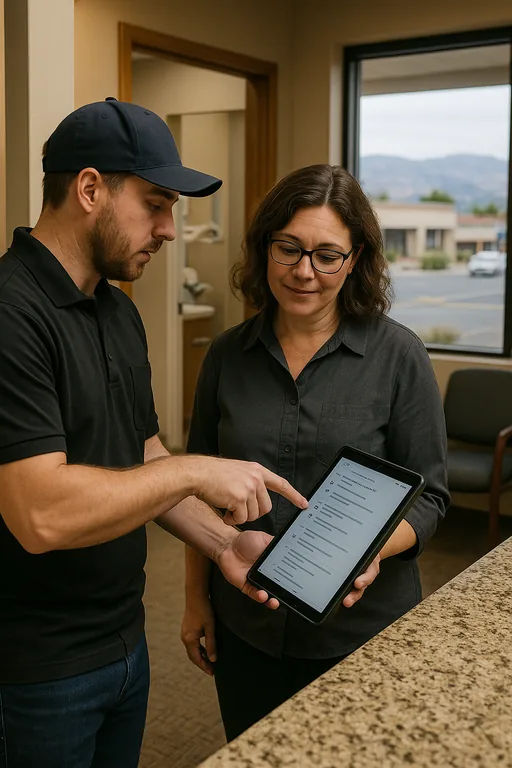 Technician and dental office manager reviewing a remediation runbook on a tablet near the front desk with clinic rooms visible behind them.