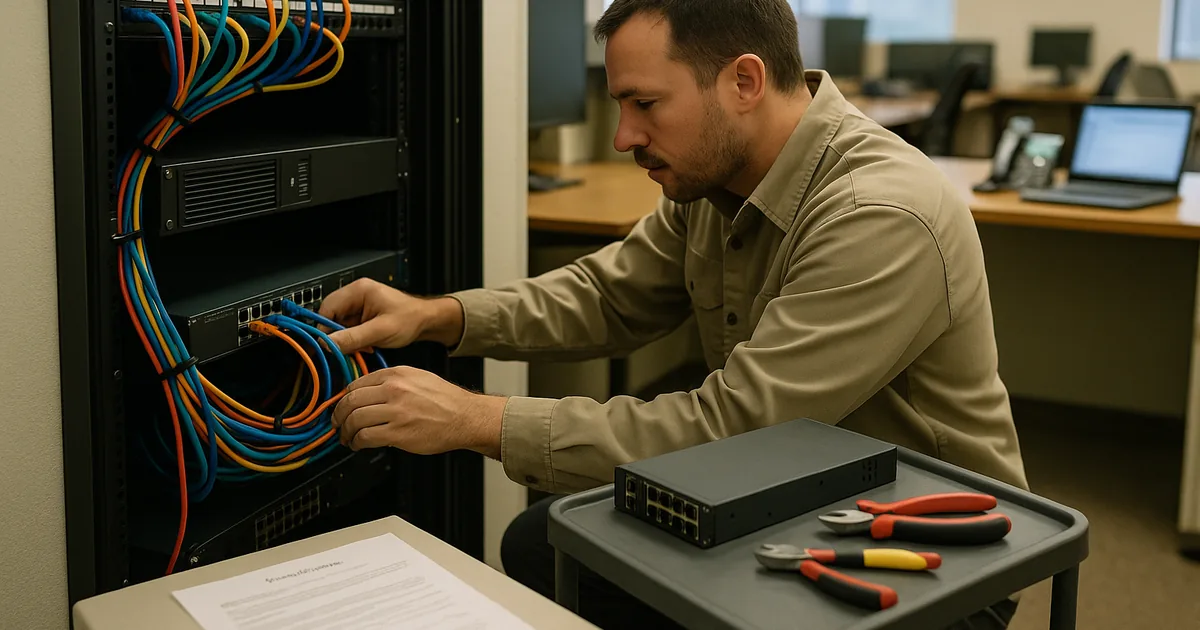Technician replacing a failed network switch in a labeled office rack with spare parts and a blurred laptop monitoring screen nearby.