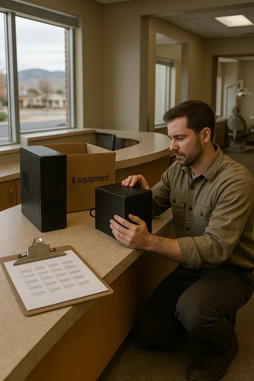 A field technician replacing an older desktop at a dental reception desk with subtle Northern Nevada exterior visible through the window.