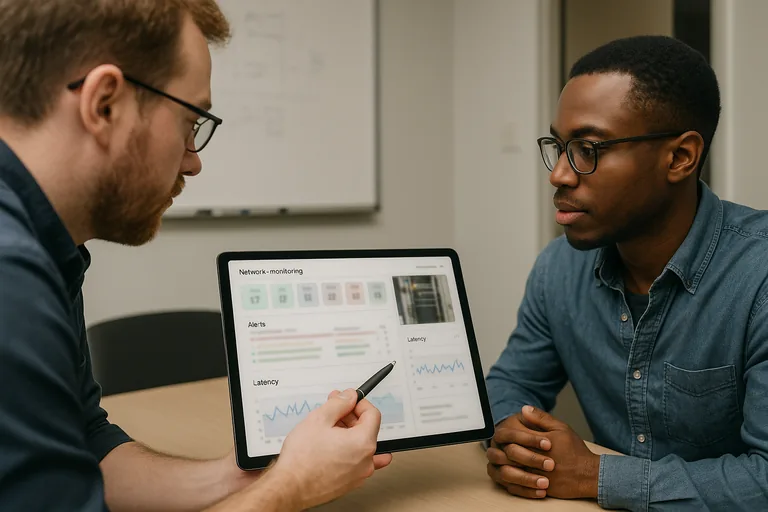 Two technicians reviewing a blurred network-monitoring dashboard on a tablet during an on-site triage discussion.