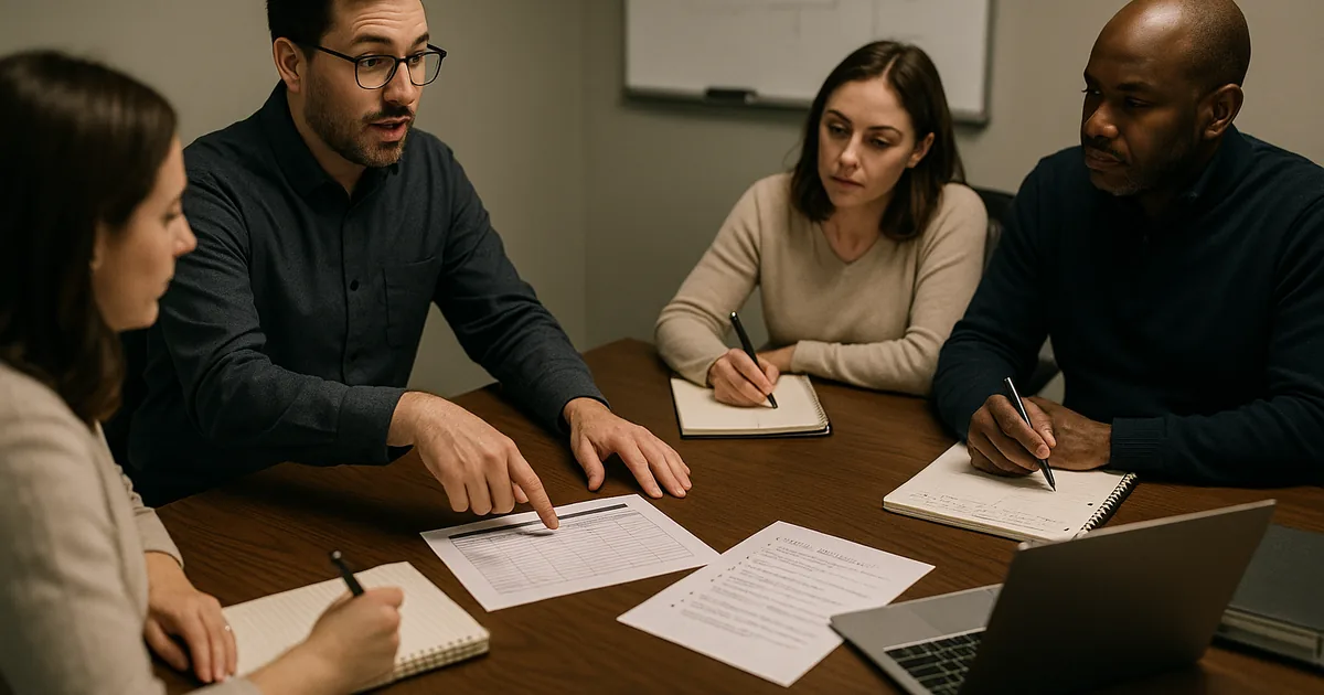 Technology advisor reviewing printed asset inventory and checklists with business leaders during an assessment meeting.