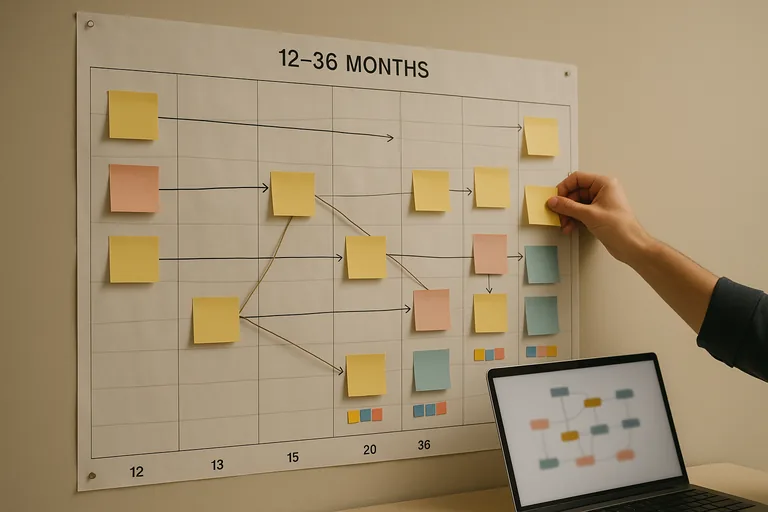 A planning wall showing a blurred 12–36 month roadmap timeline with colored sticky notes and dependency lines during a roadmap workshop.