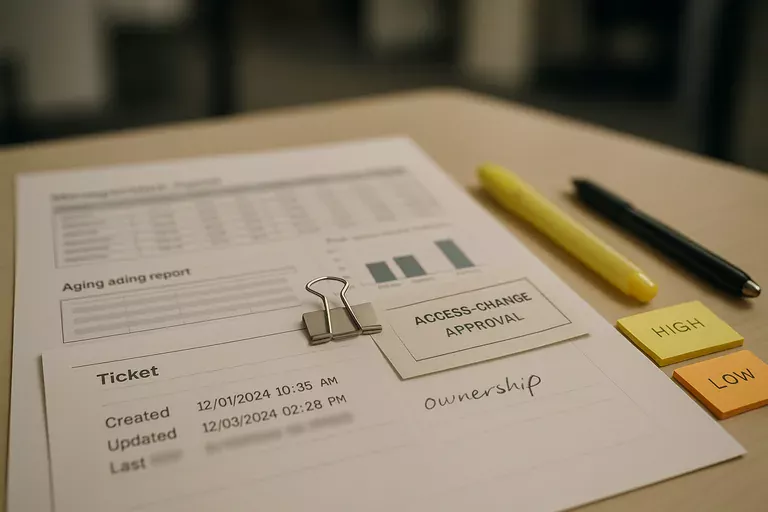 Printed ticket aging report and an annotated ticket with timestamps, ownership notes, and an access-change approval slip on a desk.