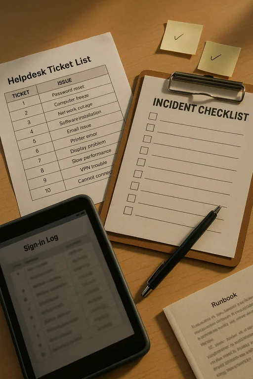 Close-up of a printed ticket list, clipboard checklist, tablet with blurred sign-in log, and sticky notes documenting a login incident.