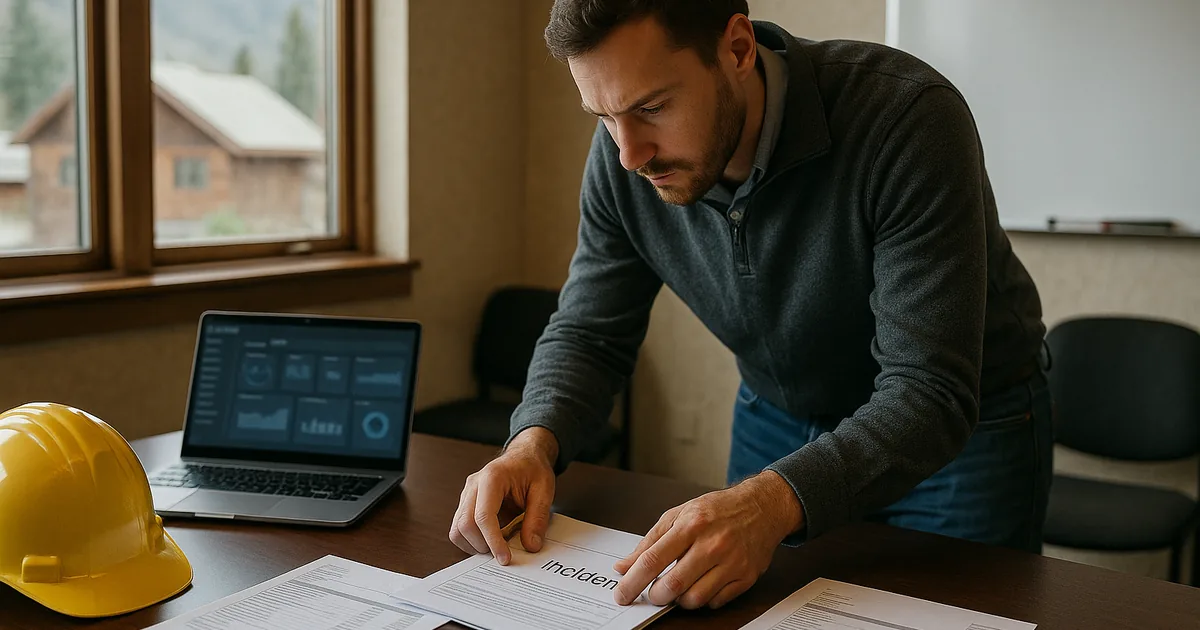 A consultant reviews an incident packet and blurred monitoring screen at a small construction office conference table, with a hardhat and vendor invoices visible.