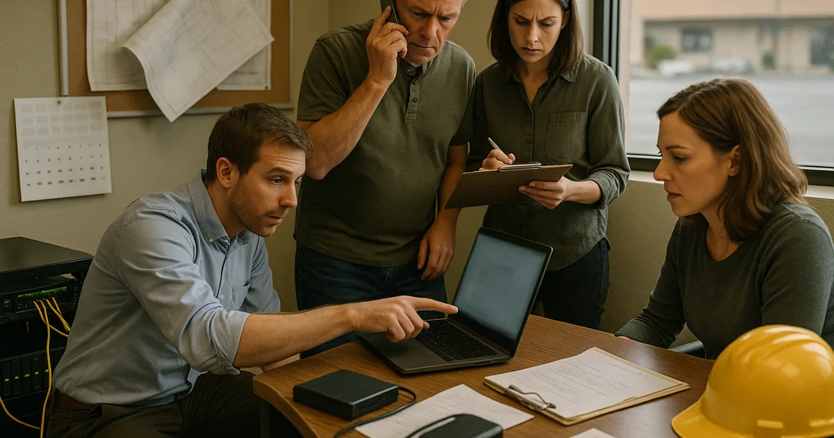 A hands‑on incident response in a construction office showing technicians, backup hardware, and checklists used to contain and begin remediation.