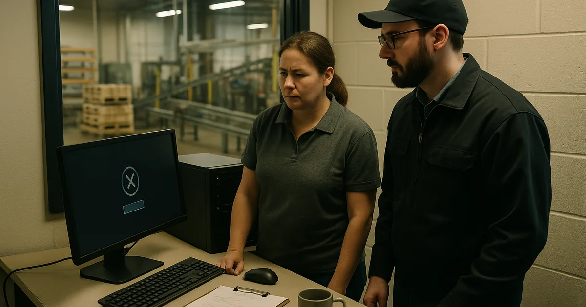 A plant-side incident scene showing staff reviewing systems to establish what was encrypted and where to begin containment.