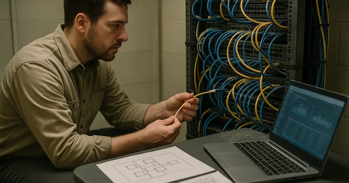Technician in a small business network rack with a laptop and printed runbook on a table, performing an on-site troubleshooting task.