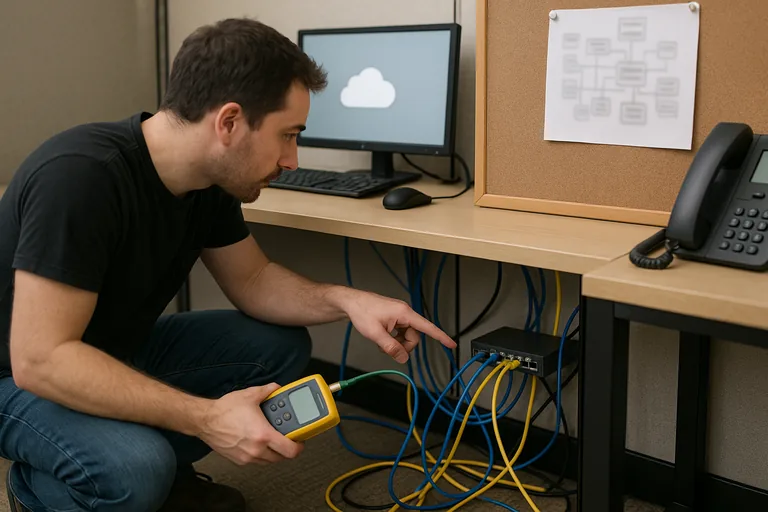 Technician pointing to an unmanaged network switch hidden under a desk, with cables and a printed network map nearby, illustrating discovery of undocumented hardware.