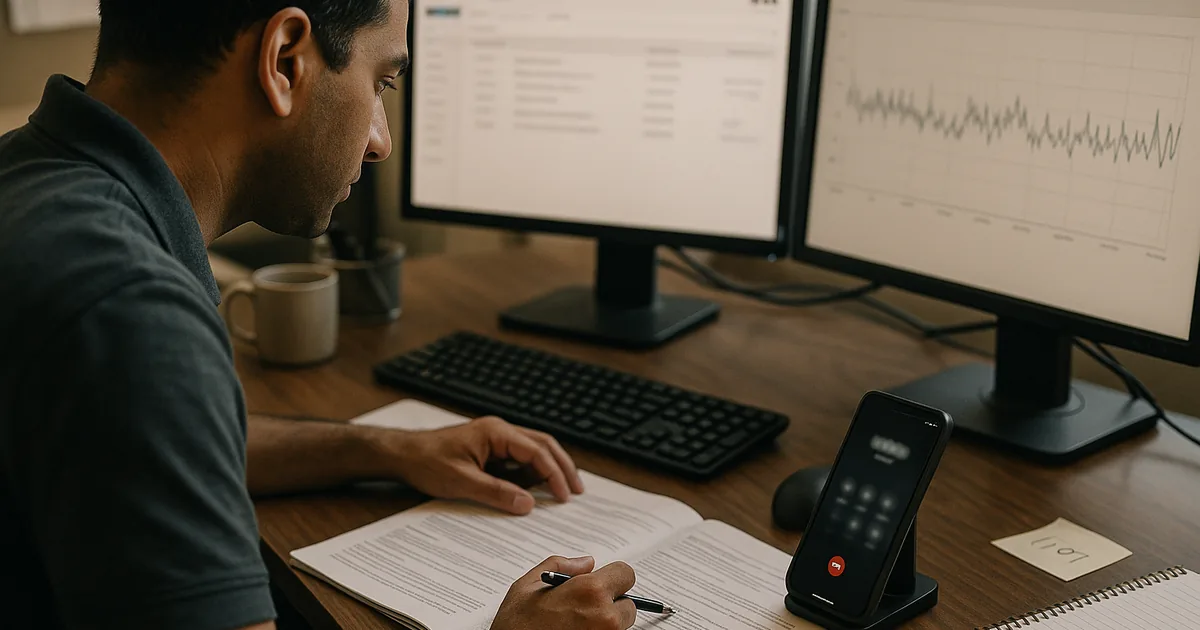 IT technician at a workstation actively triaging an incident with monitoring graphs, a printed runbook, and a phone on speaker.