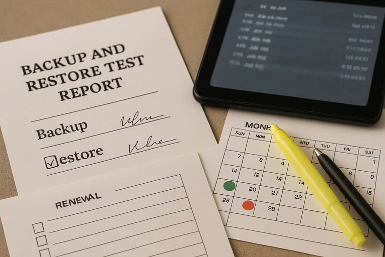 Close-up of a backup/restore test report, timestamped job log on a tablet, and a renewal calendar on a meeting table.