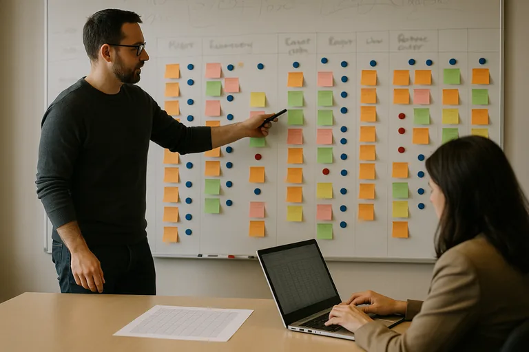 A vCIO-led planning session mapping application dependencies and restore sequencing on a wall board with sticky notes.