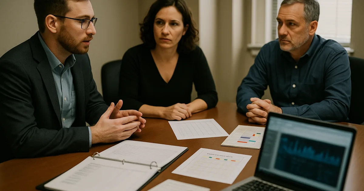 A vCIO consultant and two executives reviewing a printed IT roadmap, renewal calendar, and recovery runbook at a conference table.