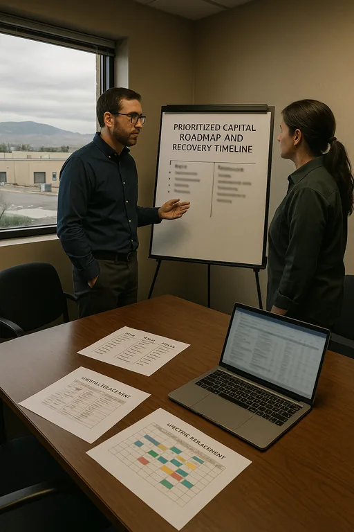 Consultant and plant operations lead reviewing a blurred capital roadmap and recovery timeline at a conference table, with a view to an industrial corridor outside.