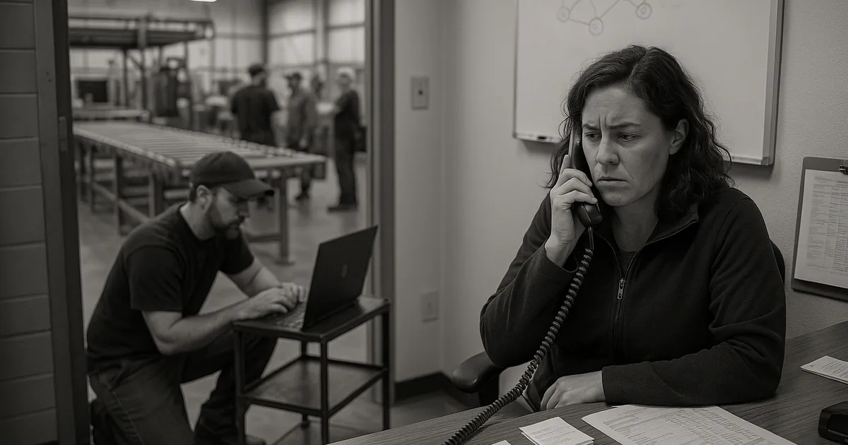 An on-site coordination moment showing downtime and vendor confusion that delays containment and recovery.