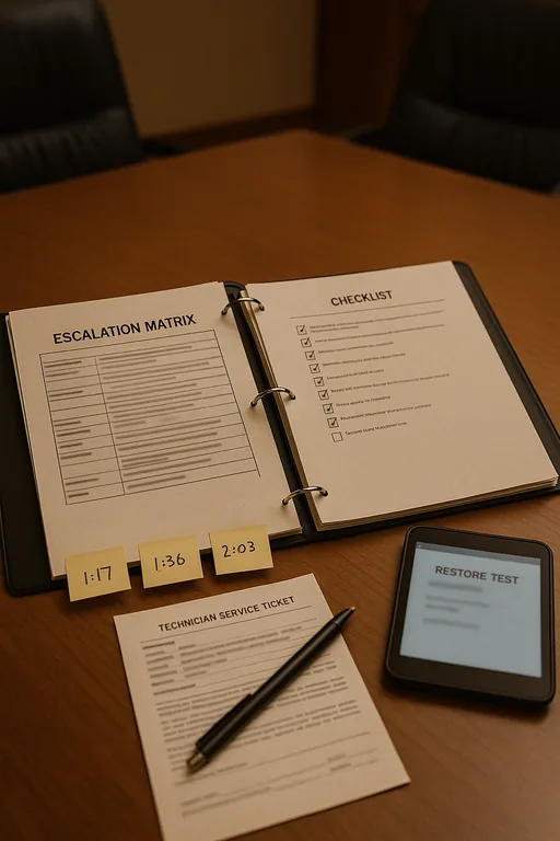 Close-up of an open incident binder with an escalation matrix, test checklists, and technician notes used during outage triage.