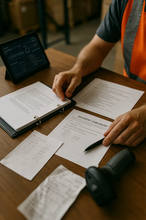 Close-up of an incident runbook, handwritten timestamps, and a tablet with a blurred monitoring screen used to document a multi-vendor outage.