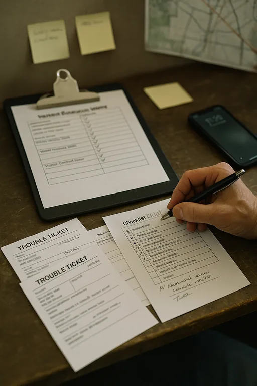 Clipboard with a blurred escalation matrix, printed trouble tickets and handwritten notes being checked during outage triage.