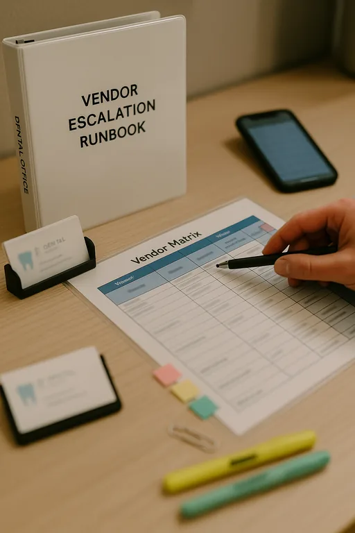 Close-up of a vendor escalation runbook and matrix on a desk with a technician pointing at the escalation column, showing documented contact paths.