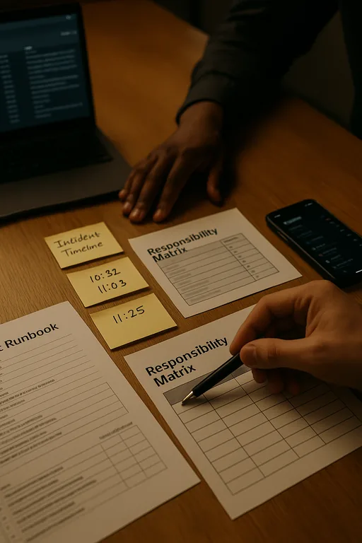 Hands pointing at a printed incident runbook and responsibility matrix on a table during a vendor coordination review.