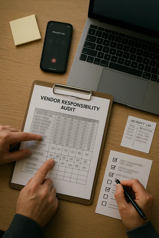 Overhead view of a clipboard with a vendor responsibility matrix, pen, sticky notes, a smartphone, and an incident log on a clinic desk.