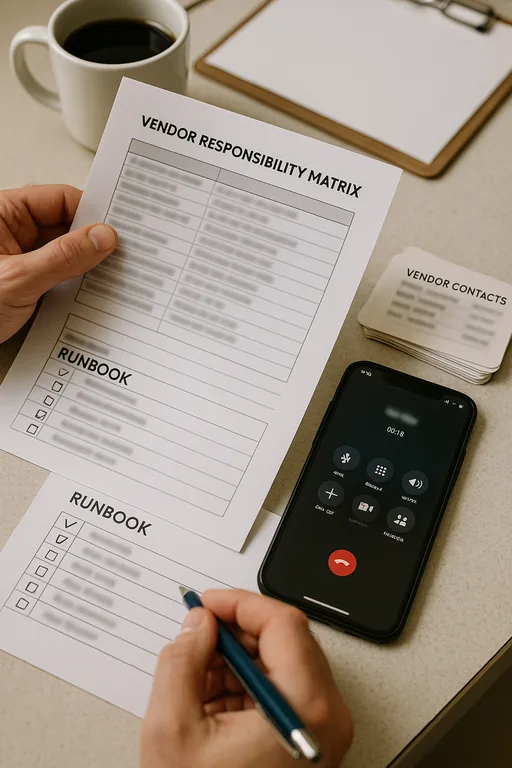 Hands holding a vendor responsibility matrix and runbook on a clipboard with a pen marking checkboxes, showing documentation used during incident response.