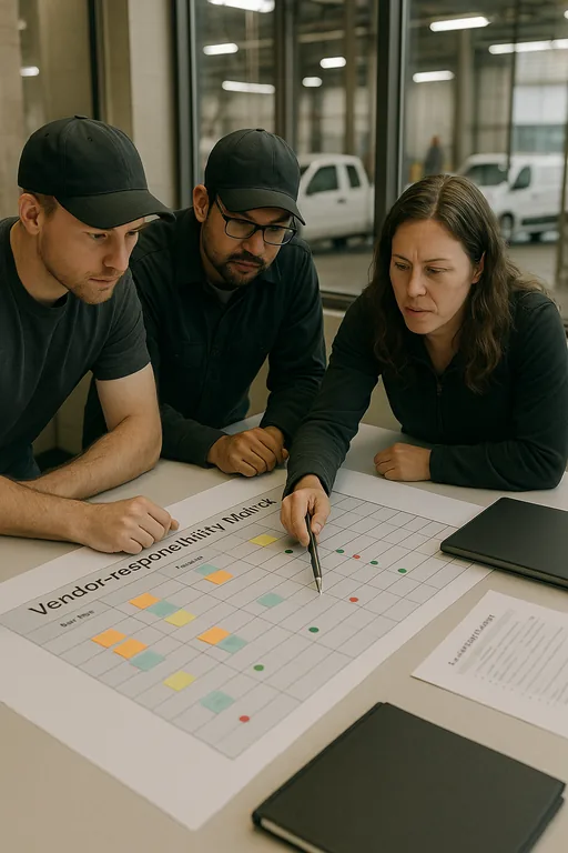 Technicians pointing at a printed vendor responsibility matrix during an audit meeting.
