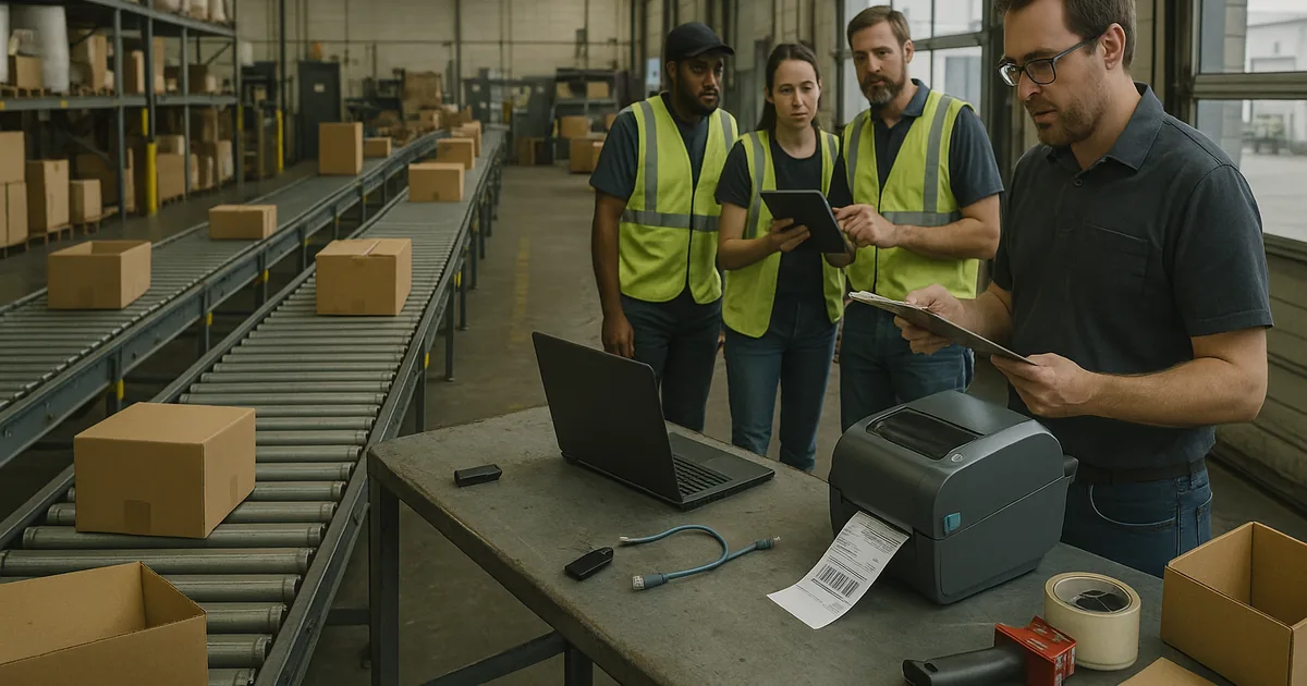 A real outage scene: technicians and warehouse staff reviewing recovery notes where a stopped label printer and idle conveyor revealed untested restore gaps.