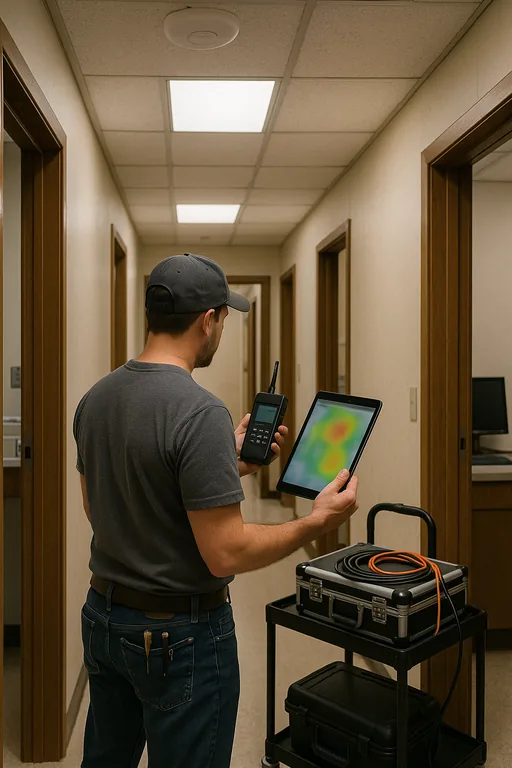 Technician conducting a wireless site survey in a clinic corridor with access points visible overhead.