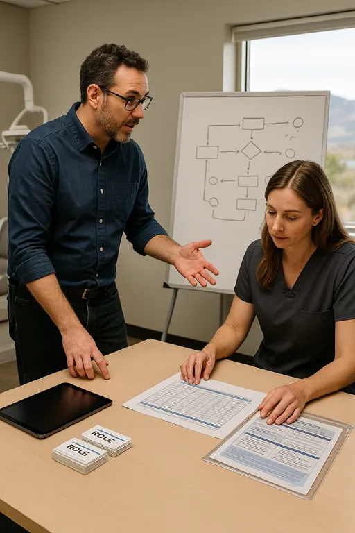IT consultant and office manager review an access-control matrix and an incident response runbook in a dental office with a whiteboard workflow behind them.