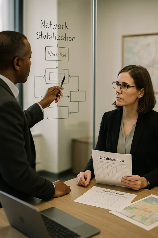 IT consultant and office manager reviewing a network stabilization workflow on a glass wall while discussing escalation and restore test schedules.
