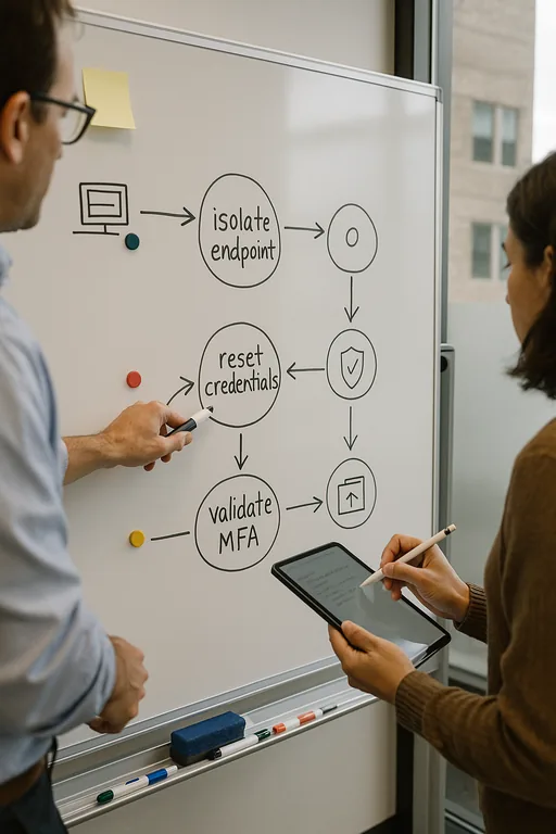 Technician pointing to a whiteboard process flow outlining steps to isolate endpoints, reset credentials, and restore access during recovery planning.