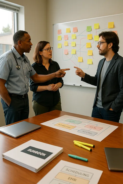 Clinic staff and an IT consultant mapping critical workflows and role-based access on a whiteboard during an access-control planning session.