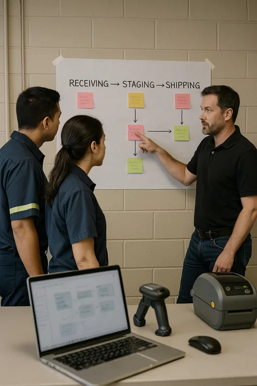 Warehouse team mapping operational workflows on a whiteboard to align roles, devices, and recovery steps.