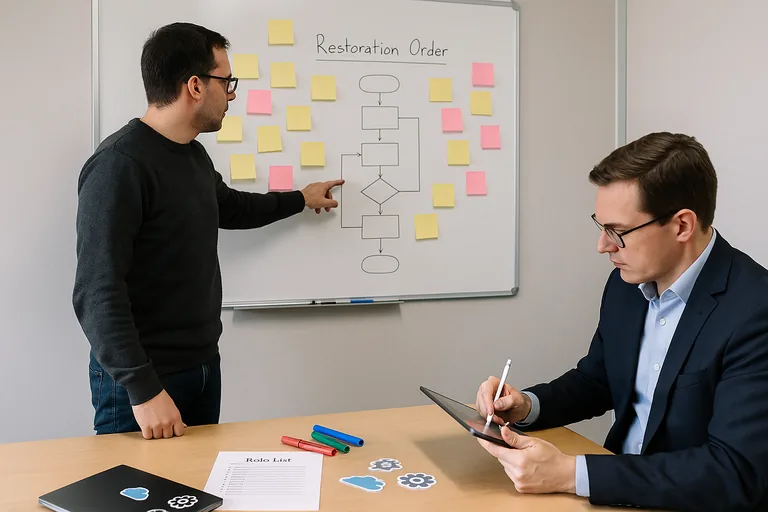 IT and business staff mapping workflows and restoration order on a whiteboard during a support planning workshop.
