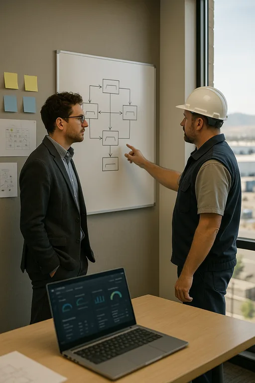 IT consultant and manager reviewing a modernization workflow sketched on a whiteboard, with blurred network diagrams and sticky notes.