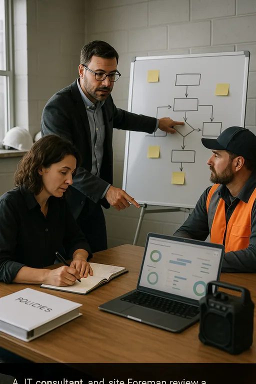 IT consultant and construction staff reviewing a blurred workflow on a whiteboard and notes to plan device standards, onboarding, and capacity controls.